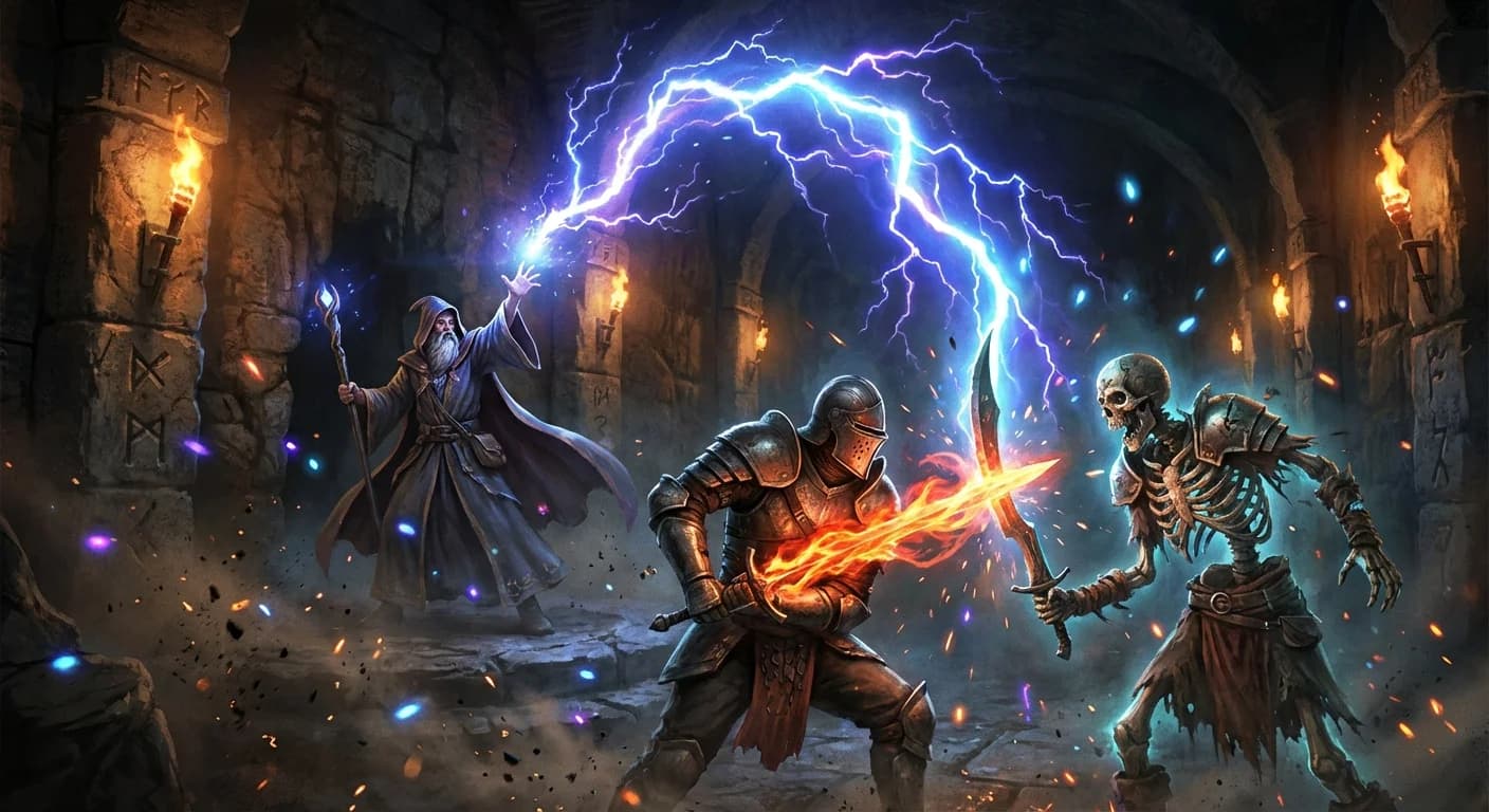 Fantasy adventurers facing danger together