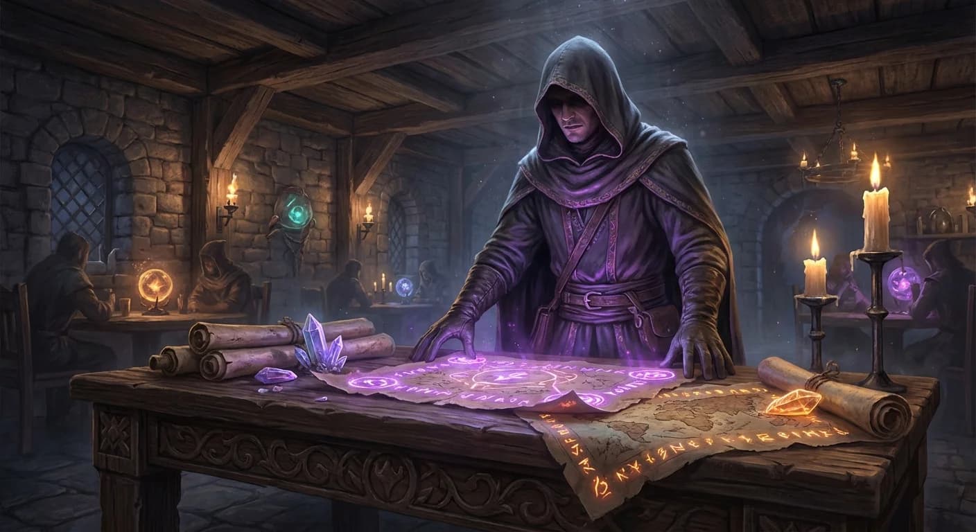 Mysterious storyteller at a table of glowing maps