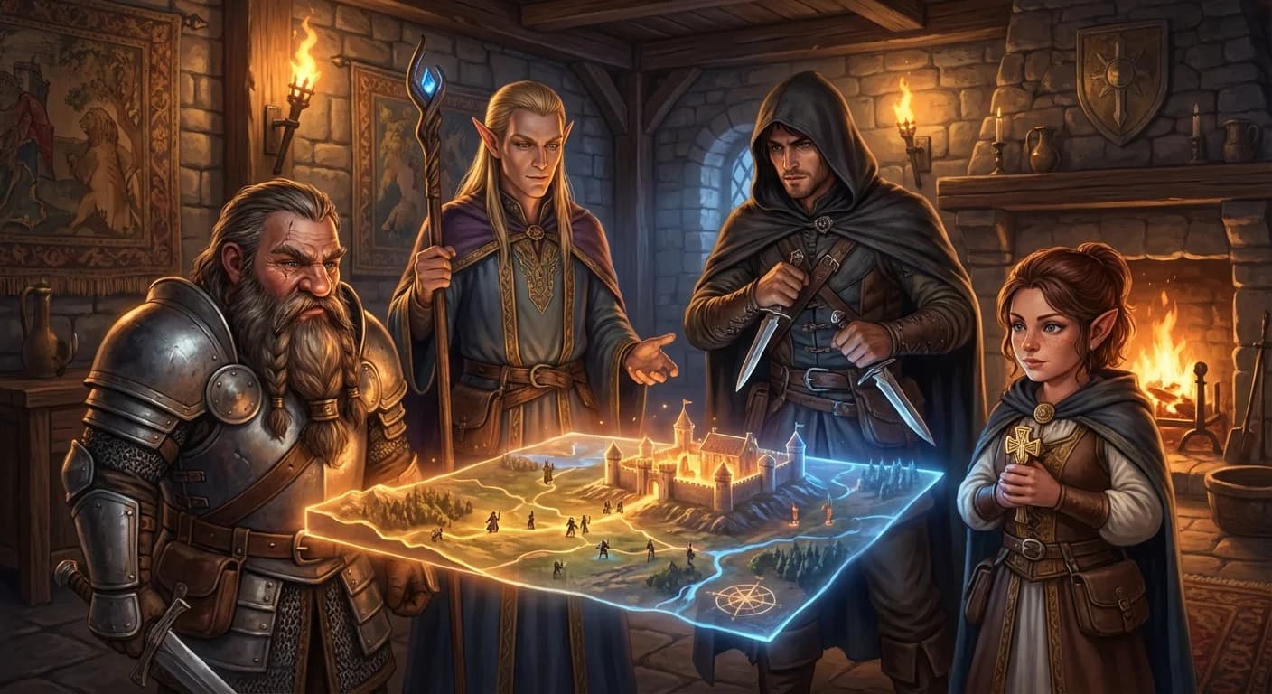 Adventuring party gathered around a magical map